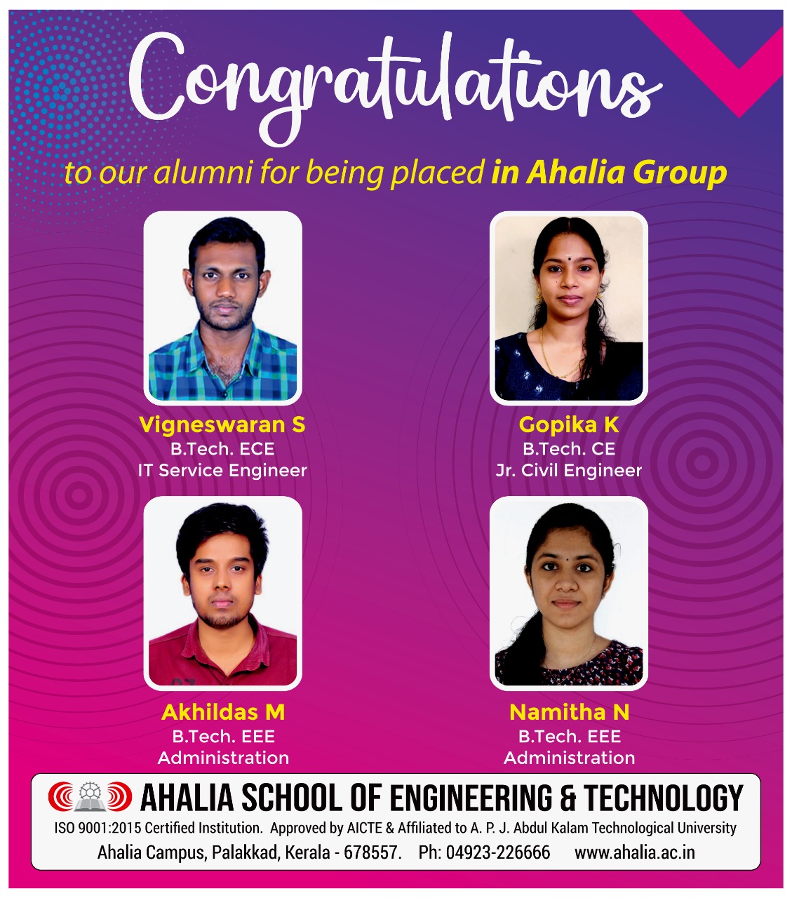 Four Students Placed at Ahalia Group