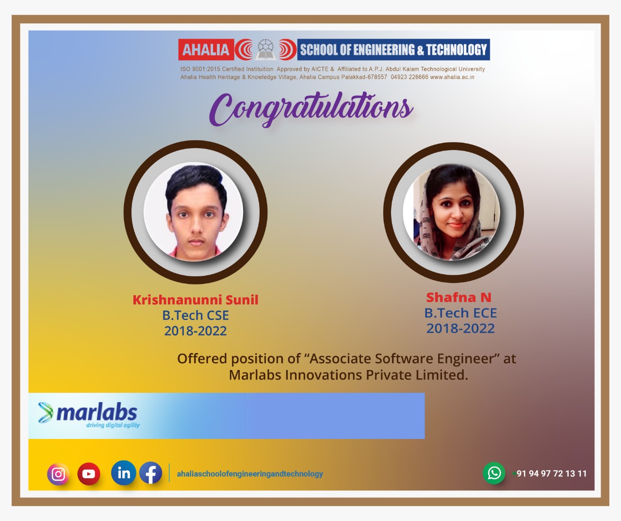 Krishnanunni Sunil and Shafna N. Placed in Marlabs