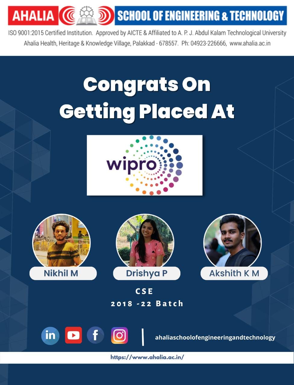 Three Students Placed in Wipro