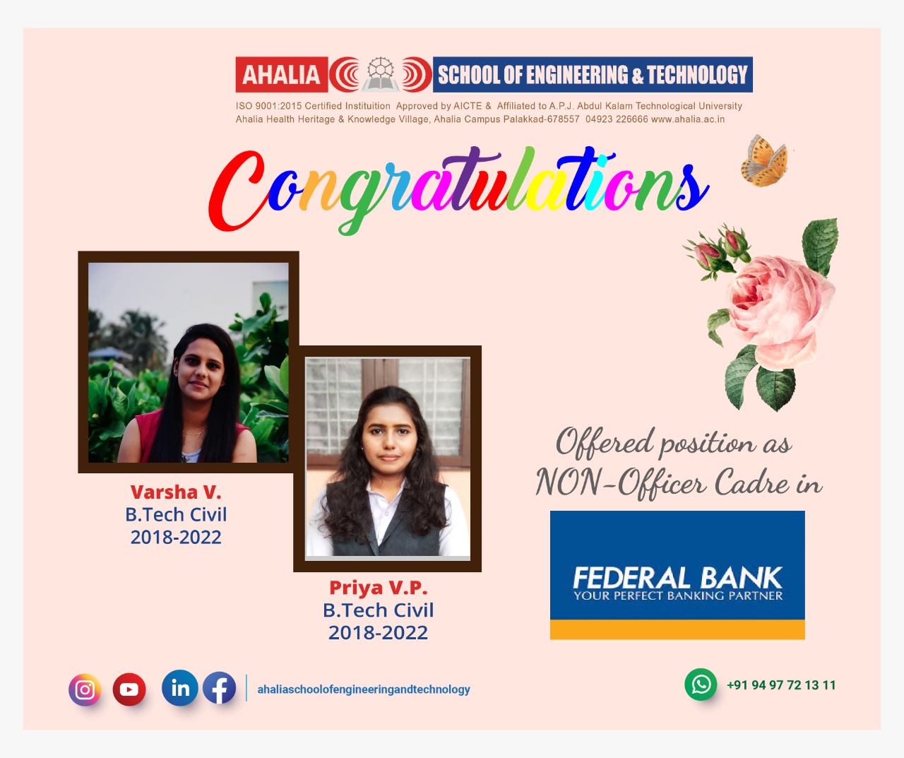 Varsha V. and Priya V. P. Placed in Federal Bank