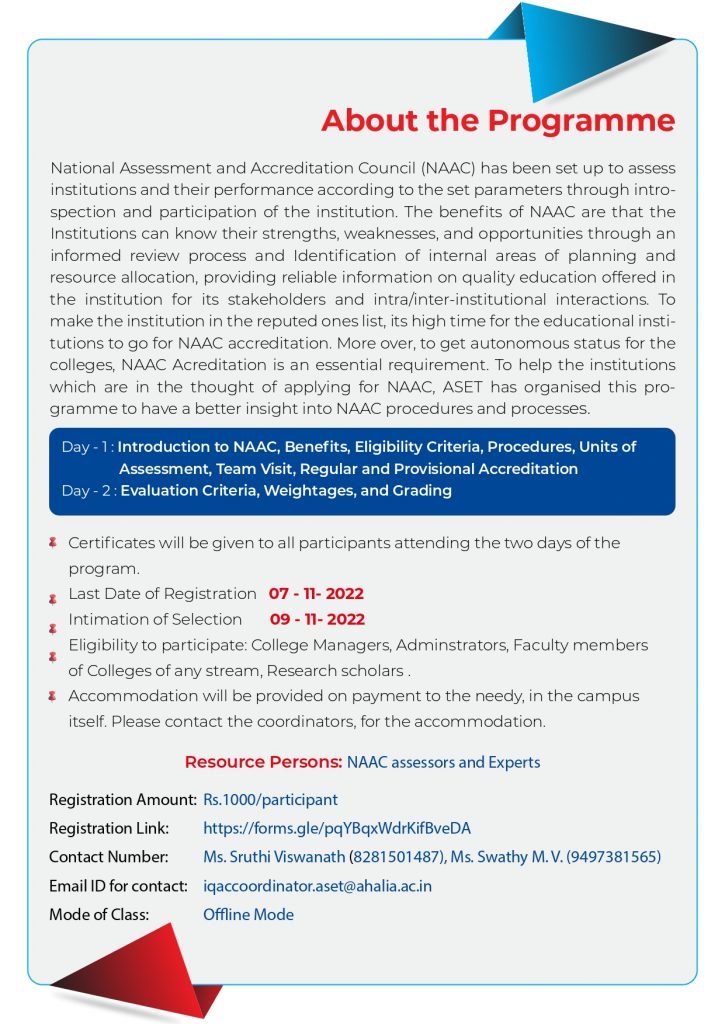 Two Day FDP on 'NAAC Accreditation - Procedures and Processes' - Ahalia ...