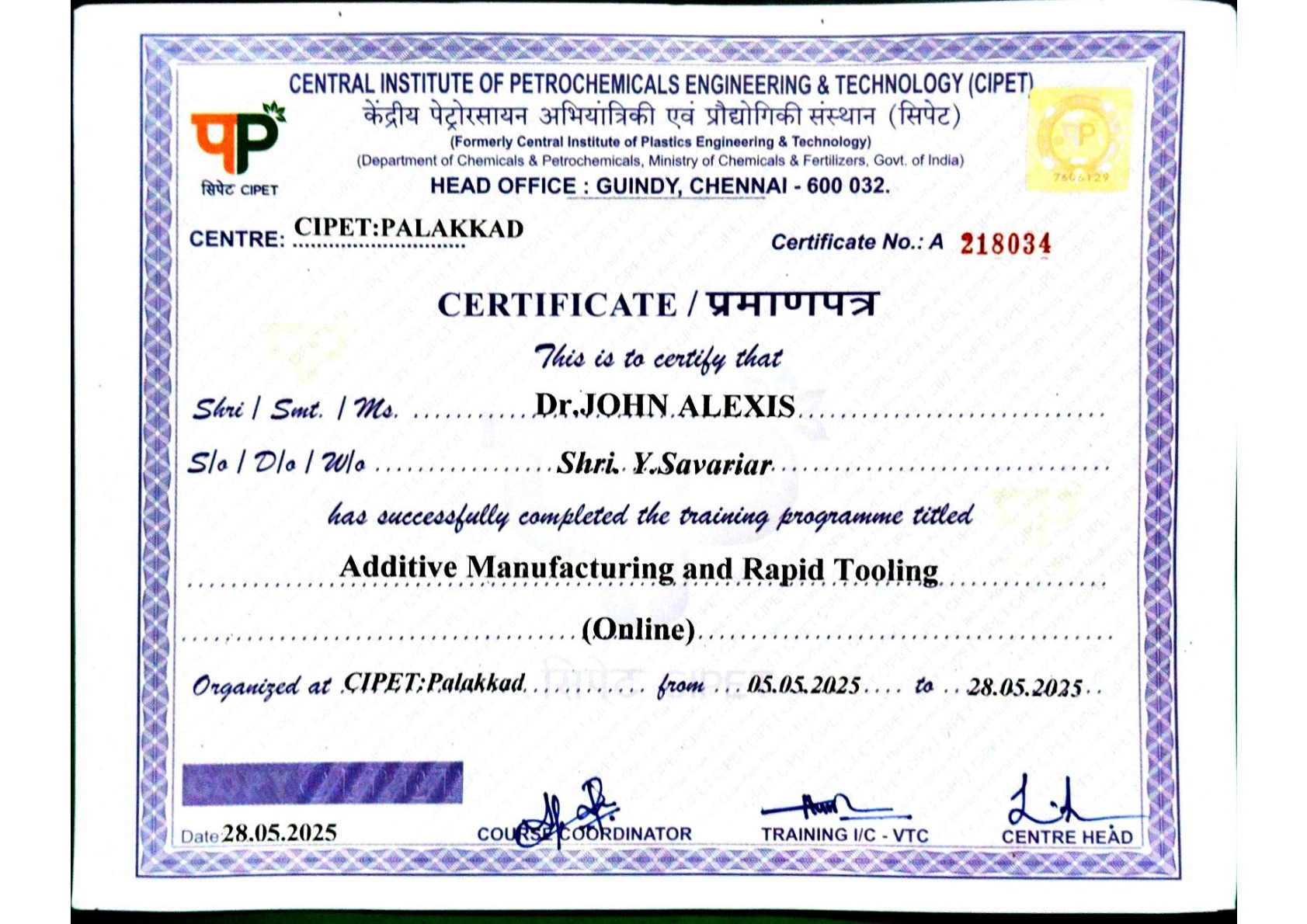  Hands -on workshop online Training program conducted by CIPET