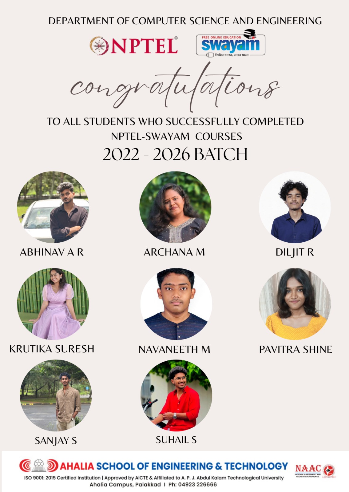 Certified Students in NPTEL and Swayam Courses of Computer Science Engineering Department