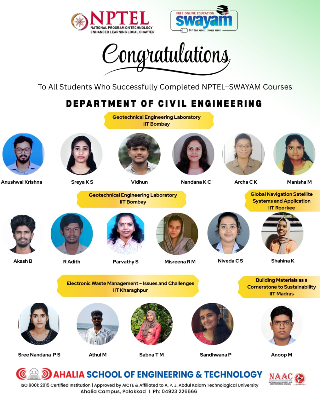 Certified Students in NPTEL and Swayam Courses of Civil Engineering Department