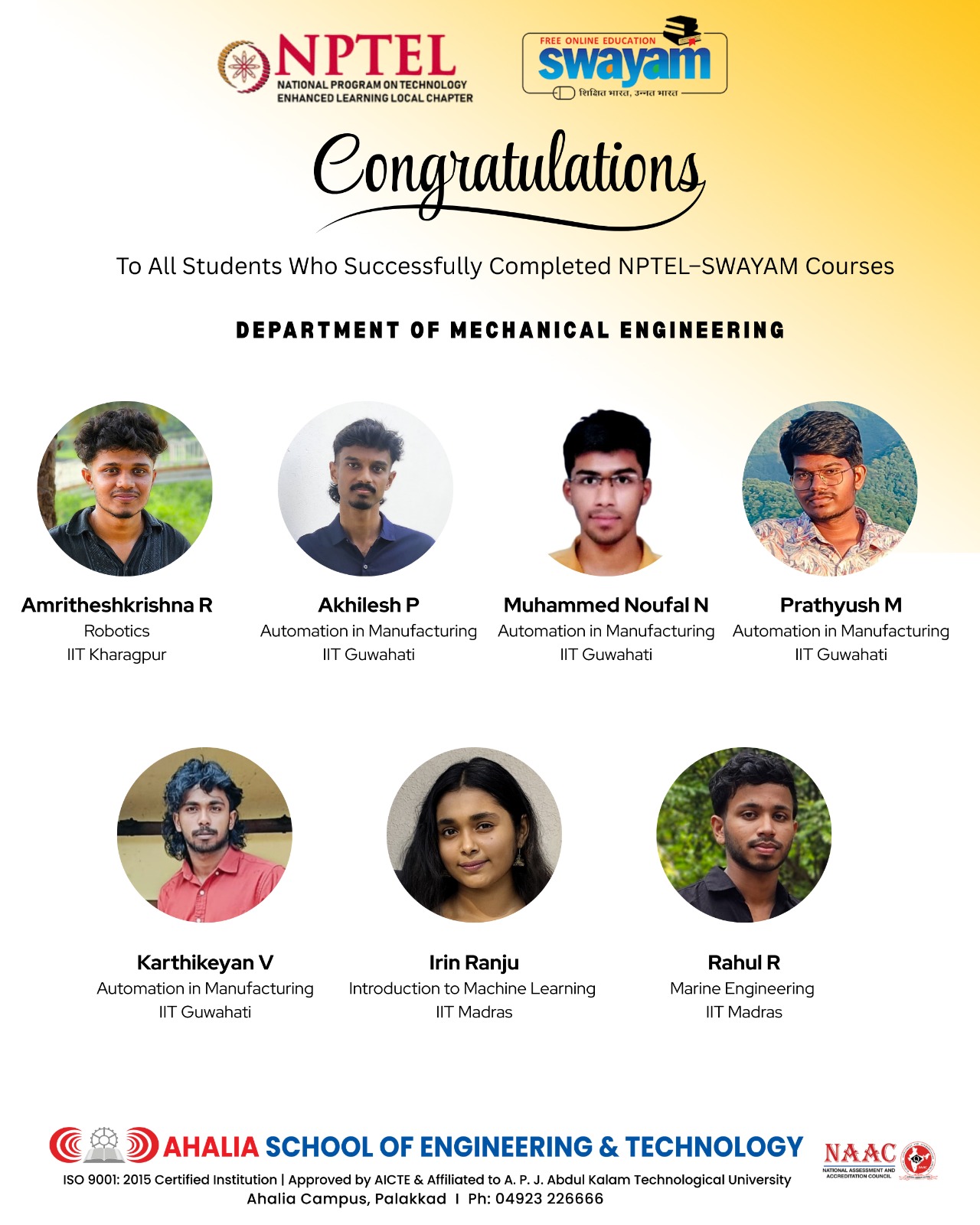Certified Students in NPTEL and Swayam Courses of Mechanical Engineering Department