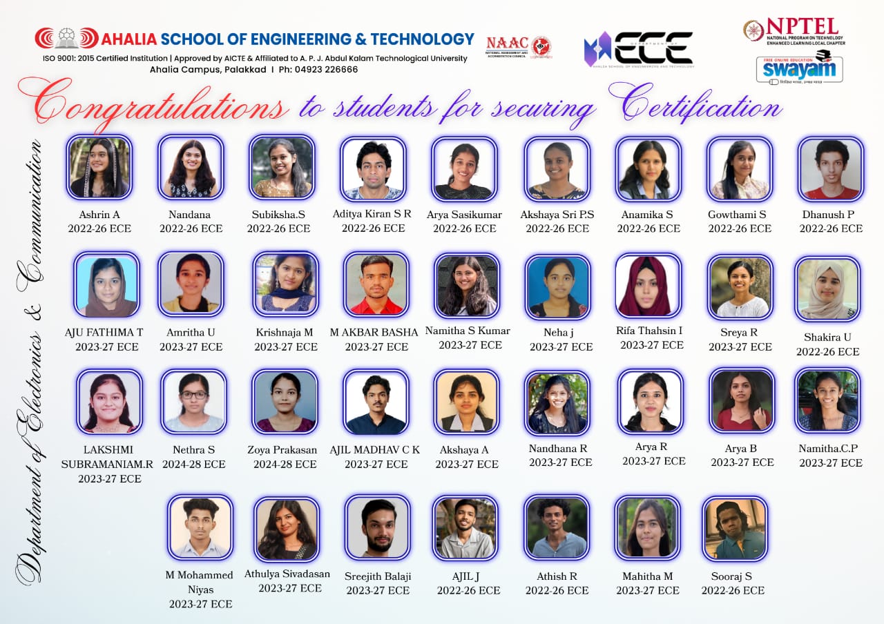 Certified Students in NPTEL and Swayam Courses of Electronics and Communication  Department