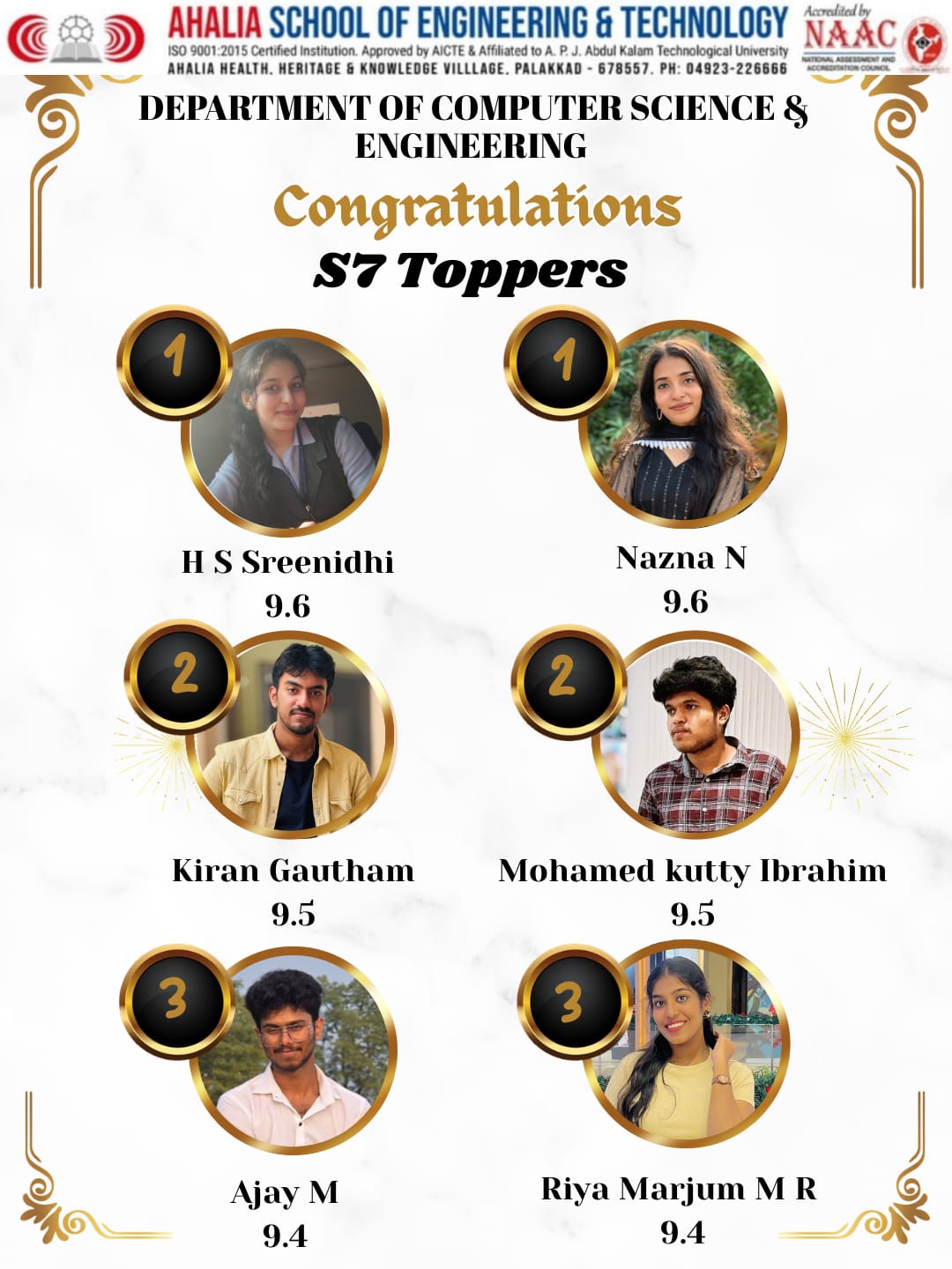 Congratulations to the 7th Semester B.Tech Computer Science Engineering Toppers (2022–26 Batch)