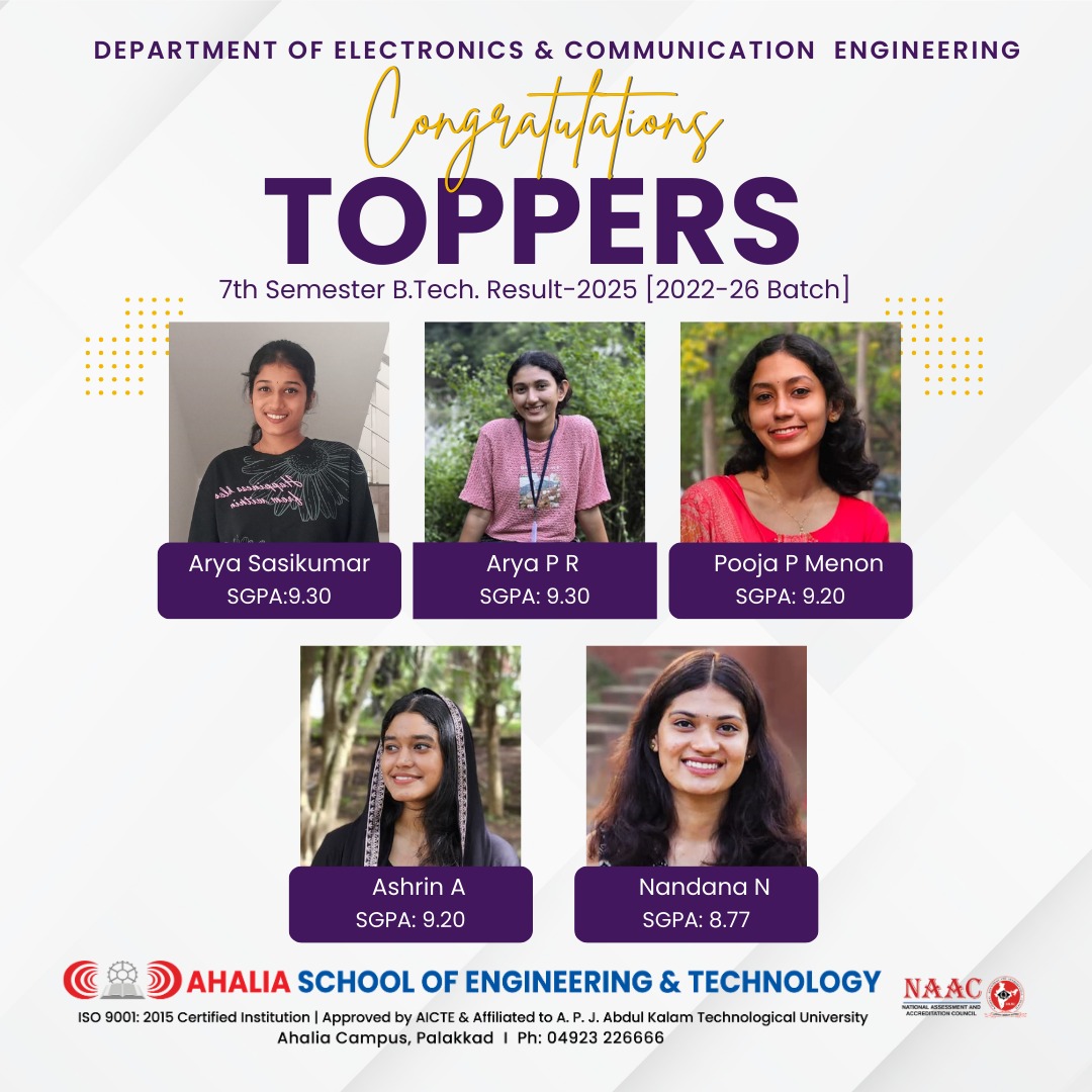 Congratulations to the 7th Semester B.Tech Electronics and Communication Engineering Toppers (2022–26 Batch)