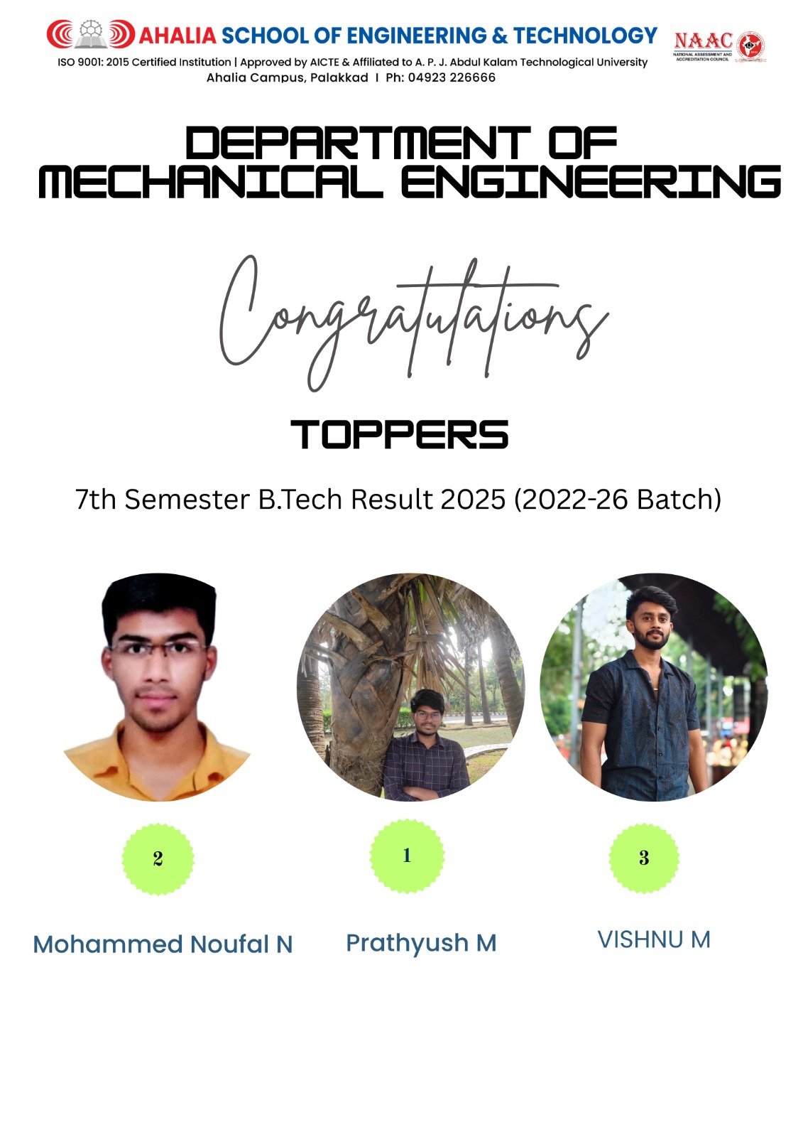 Congratulations to the 7th Semester B.Tech Mechanical Engineering Toppers (2022–26 Batch)
