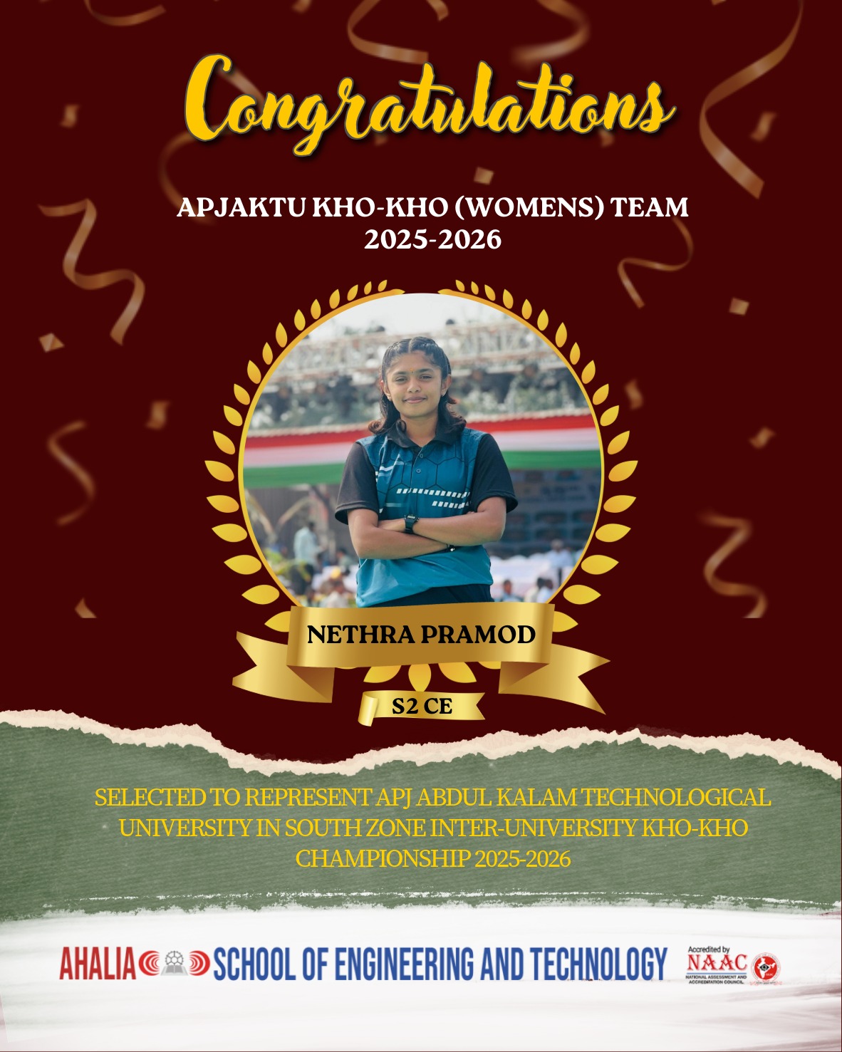 Nethra Pramod selected to represent APJAKTU KHO-KHO Women’s Team