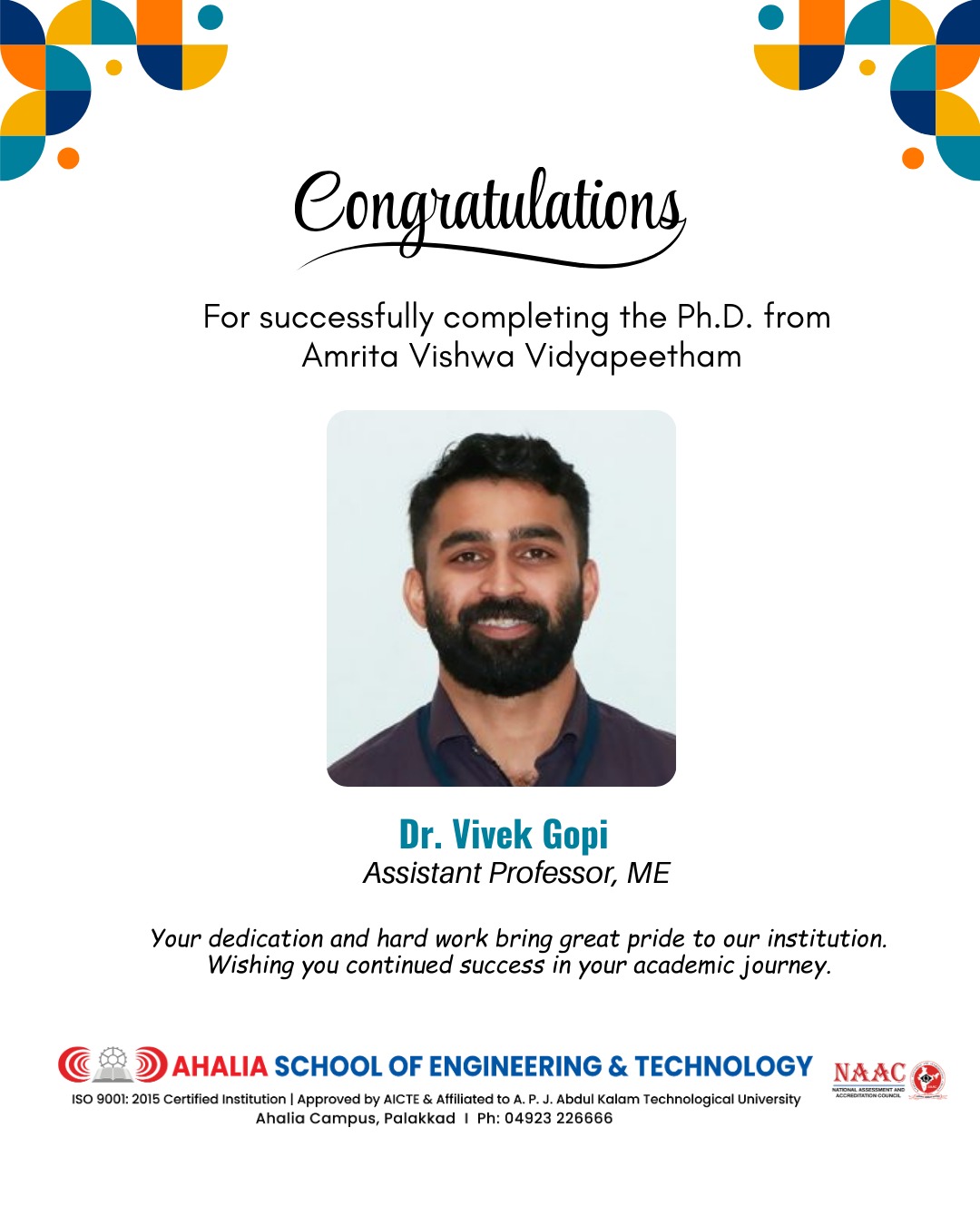 Congratulations Dr. Vivek Gopi