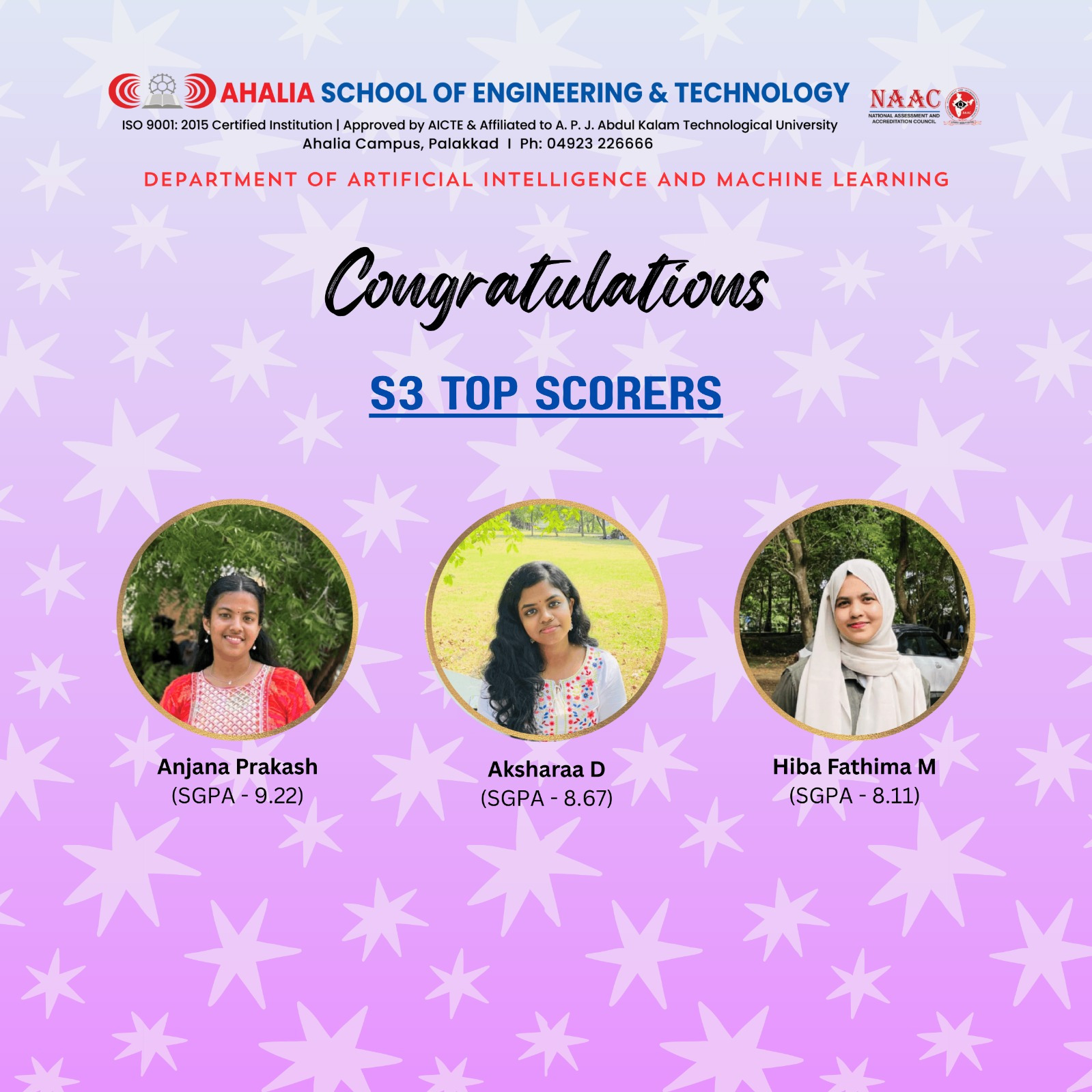 Congratulations to the 3rd Semester AIML Toppers (2024–28 Batch)