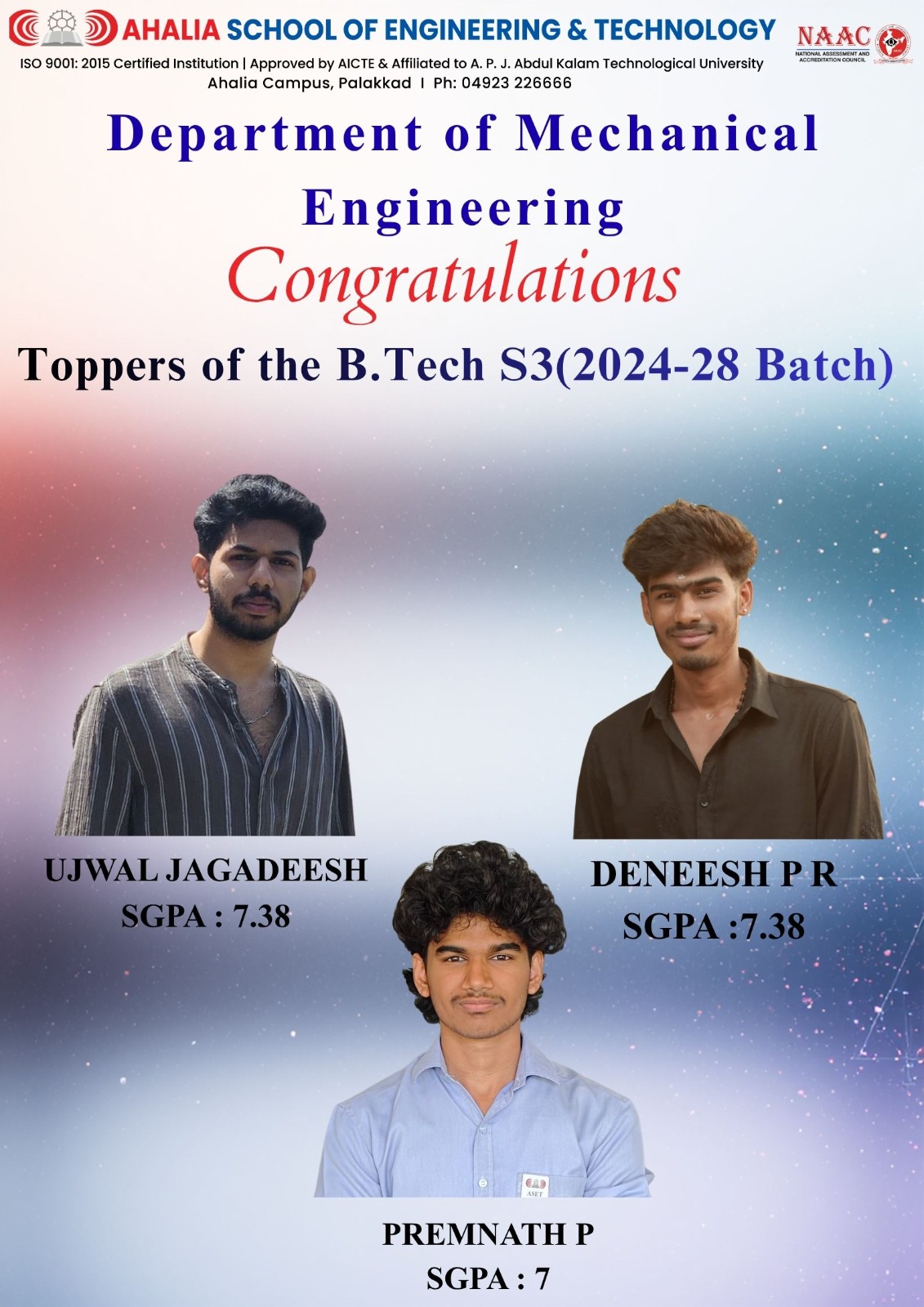 Congratulations to the 3rd Semester ME Toppers (2024–28 Batch)