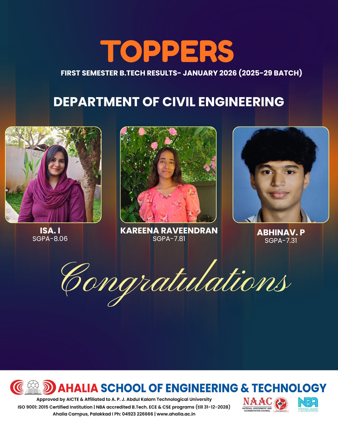 Congratulations to the 1st Semester CE Toppers (2025–29 Batch)