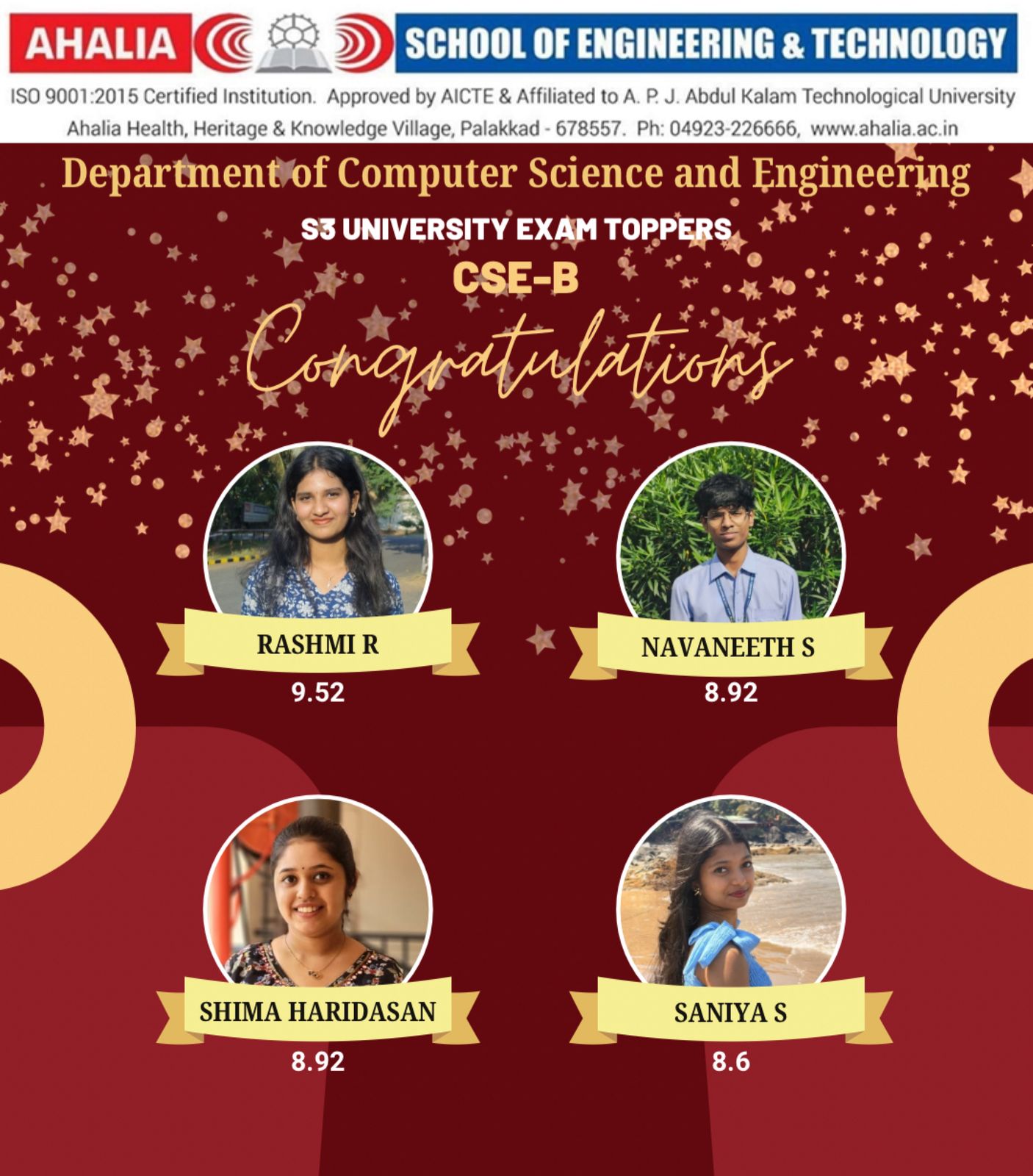 Congratulations to the 3rd Semester CSE (B Batch) Toppers (2024–28 Batch)
