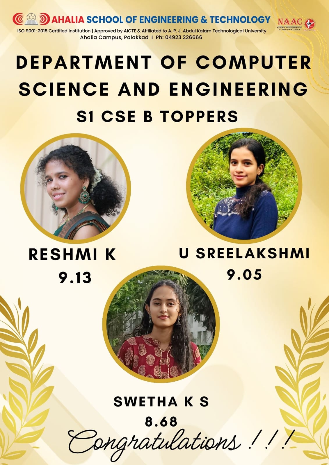 Congratulations to the 1st Semester CSE (B Batch) Toppers (2025–29 Batch)
