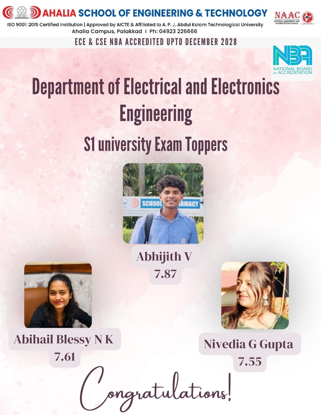 Congratulations to the 1st Semester EEE Toppers (2025–29 Batch)