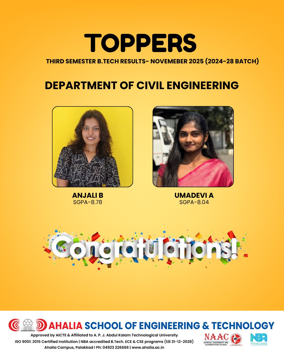 Congratulations to the 3rd Semester CE Toppers (2024–28 Batch)