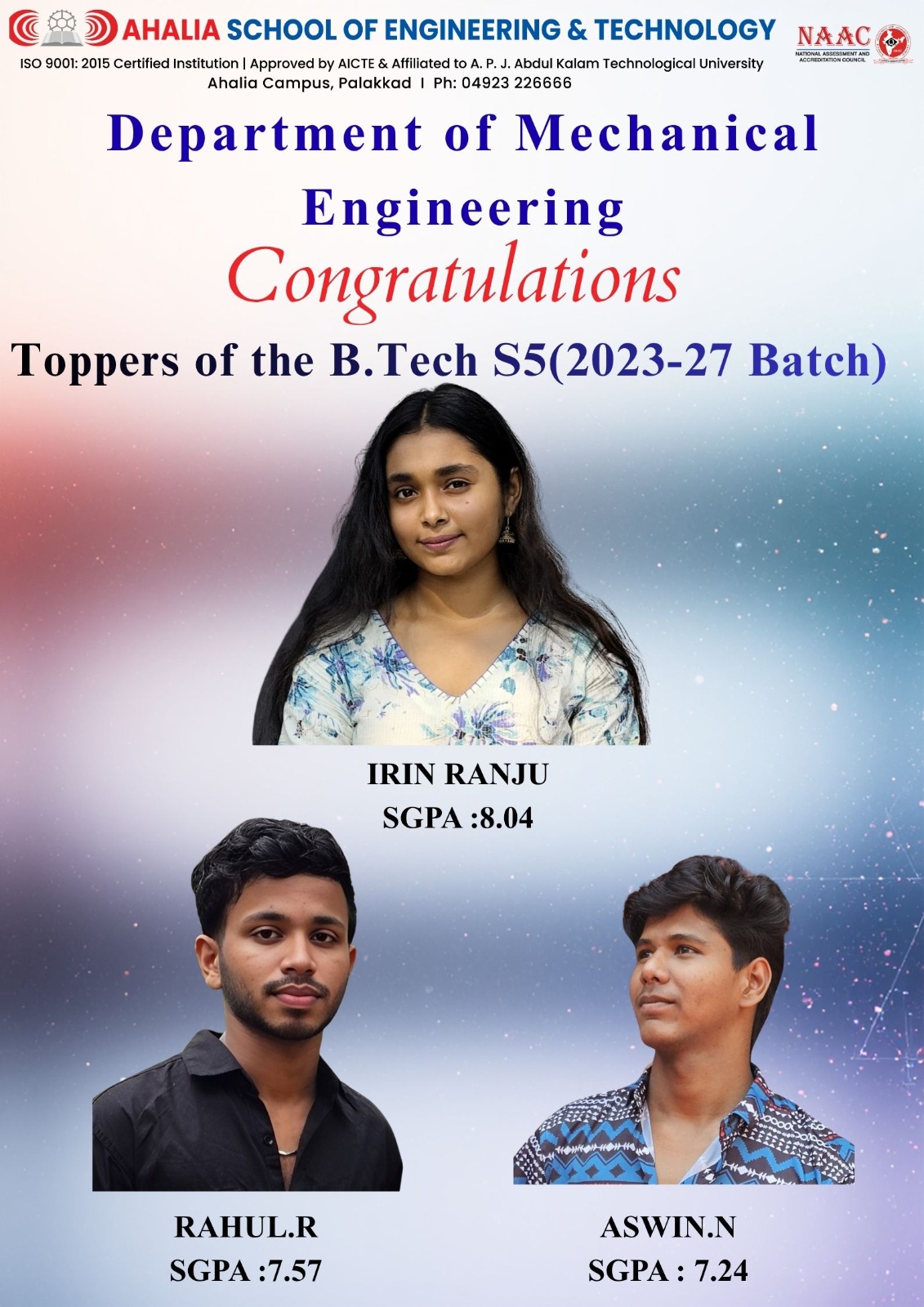 Congratulations to the 5th Semester ME Toppers (2023–27 Batch)