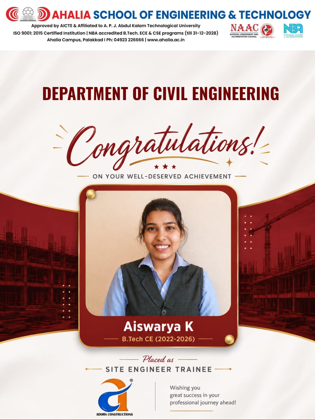 Student placed as Site Engineer Trainee at Adorn Constructions.
