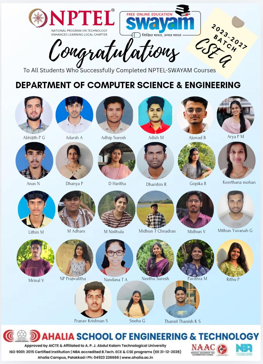 Certified Students in NPTEL & Swayam Courses of Computer Science Engineering
