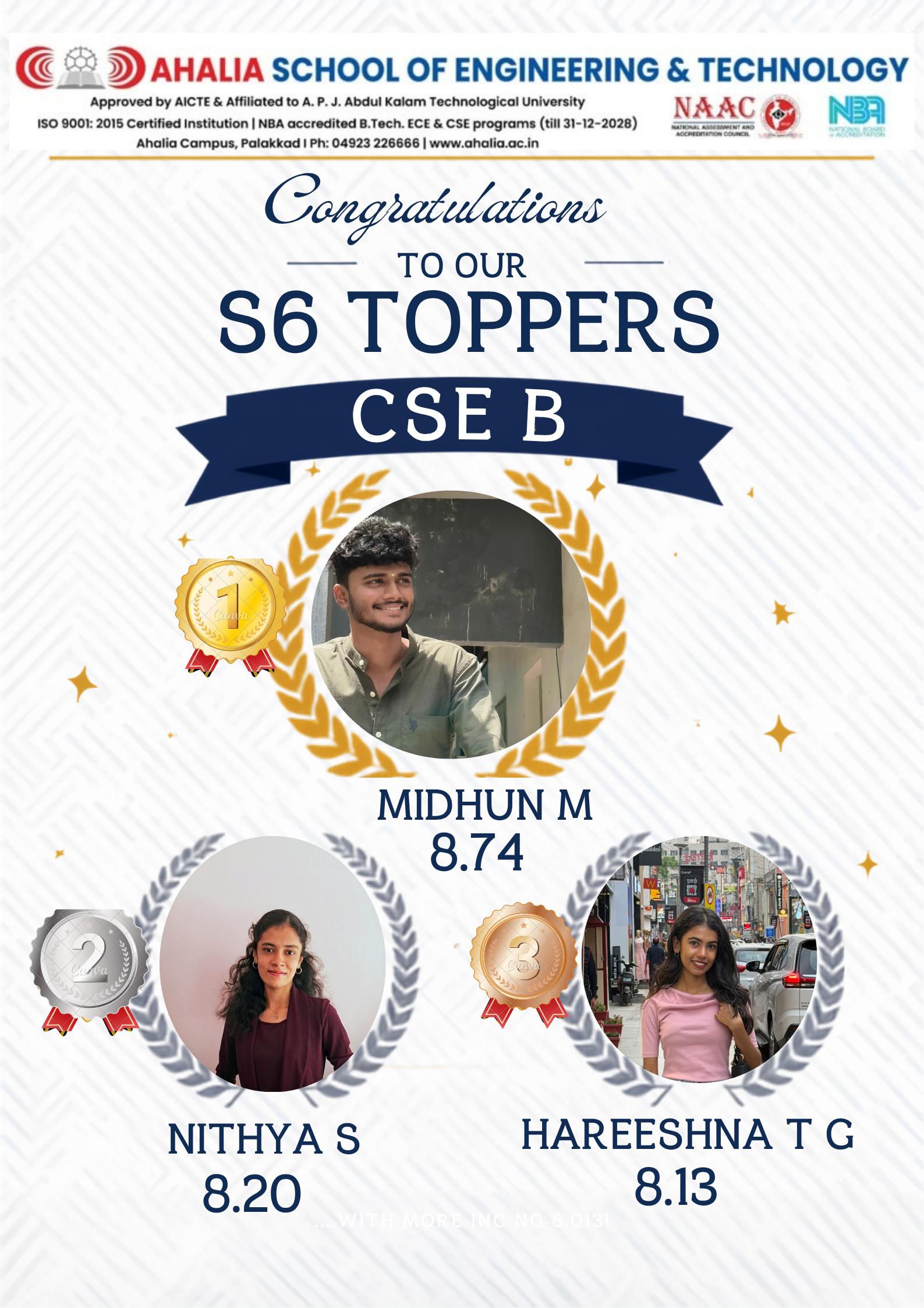 B-Tech Semester 6 Department Toppers